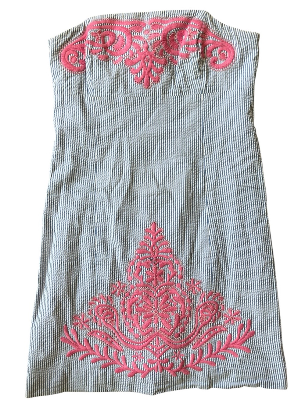 Lilly Pulitzer Strapless Seersucker Dress Pink Embroidery Size 2 Blue White